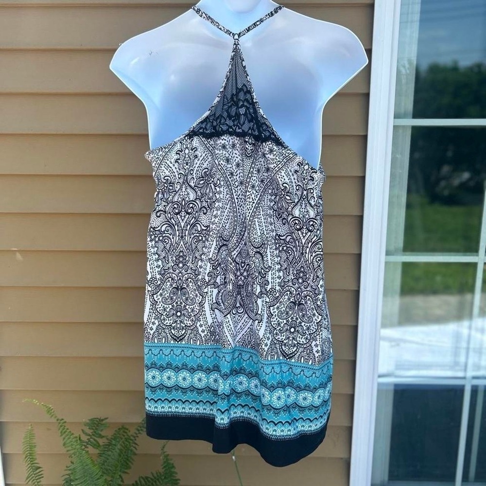 Y2k Black and white with teal geometric pattern size large Halter dress - Picture 2 of 8